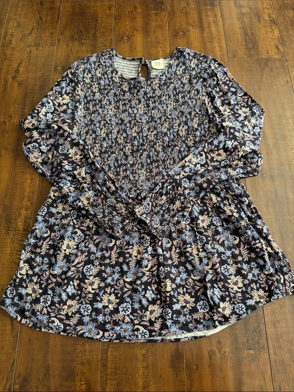 Matilda Jane Black Floral Smocked Tunic with Blue & Cream Accents